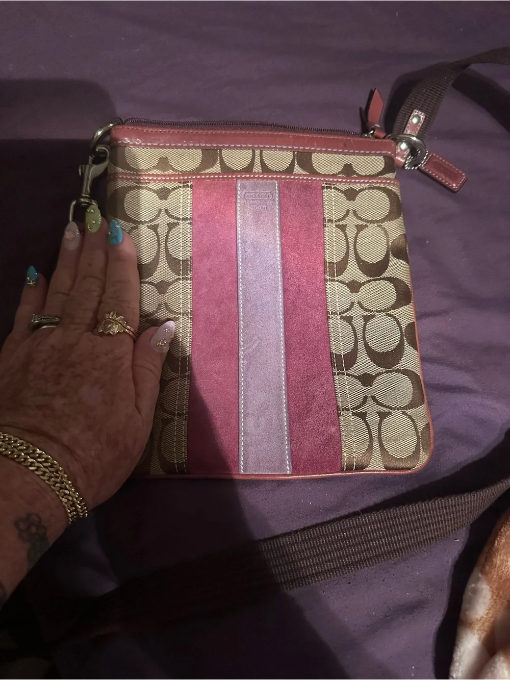 COACH Brown Signature Canvas Crossbody with Plum and Mauve Stripes